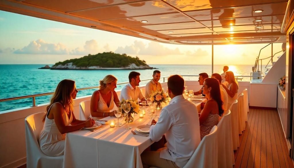 Convidados no iate para dicas de casamento no iate anfitrião nas Bahamas 2025.